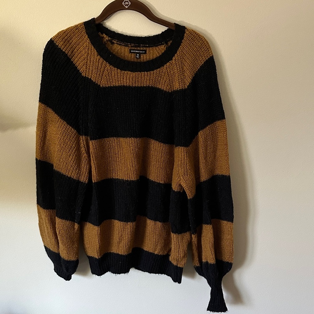 Who What Wear Black and Brown Striped Crewneck Sweater